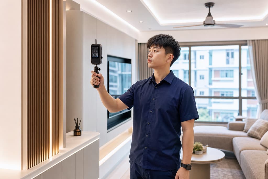 Technician using calibrated formaldehyde sensor for indoor air quality measurement in Singapore home