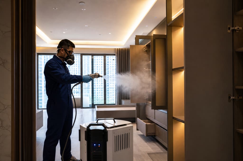 Technician applying photocatalytic formaldehyde treatment to built-in carpentry in Singapore home