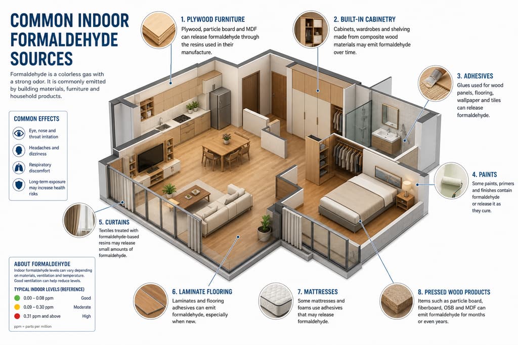 Infographic showing common formaldehyde sources in a renovated Singapore home — carpentry, cabinets, flooring, adhesives, paints and furniture