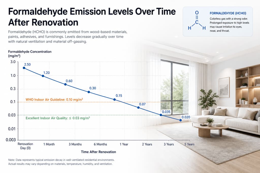 Line graph showing formaldehyde emission levels declining from 2.50 mg/m³ at renovation to 0.020 mg/m³ post-treatment, with WHO Indoor Air Guideline of 0.10 mg/m³ marked