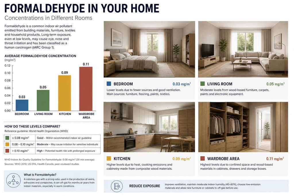 Room-by-room formaldehyde concentration levels in Singapore home — bedroom, kitchen, living room and study