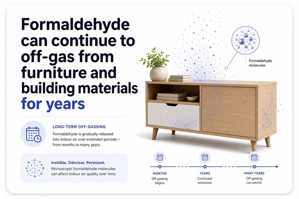 Formaldehyde emission timeline showing years of off-gassing from renovation materials — why ventilation alone is insufficient