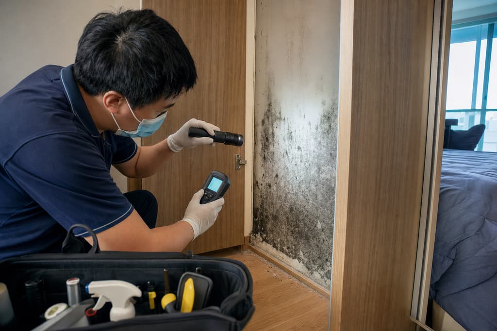 Mold specialist inspecting wall in Singapore home — professional mold assessment
