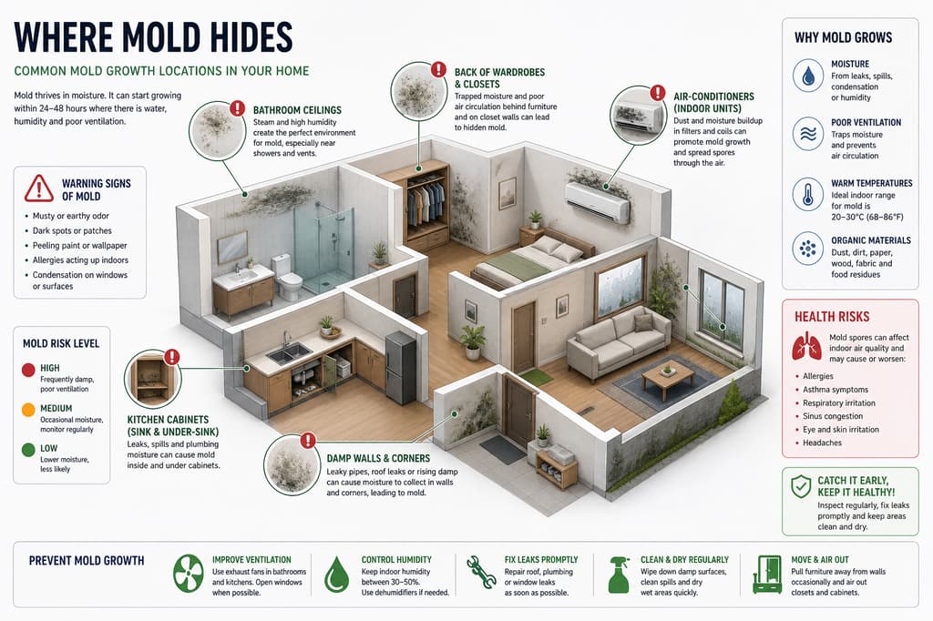 Common mold areas in Singapore home — bathroom, bedroom, ceiling and wardrobe mold treatment