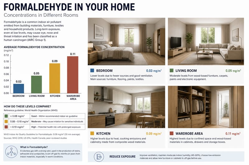 Room-by-room formaldehyde concentration levels in Singapore home — bedroom, kitchen, living room and study